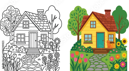 Charming yellow house with garden, cat, and colorful flowers, idyllic scene