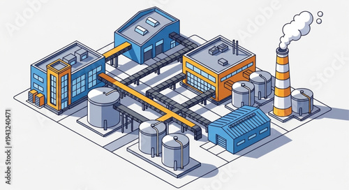 Large Industrial Factory Complex With Storage Tanks.