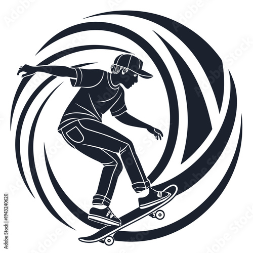 Vector illustration of skateboarder silhouette - extreme sport action within swirling vortex