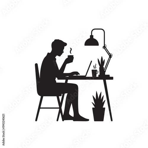 Black silhouette of person working remotely with laptop and coffee