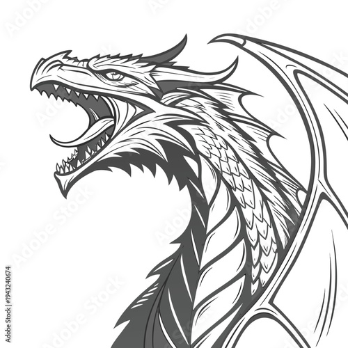 Vector illustration of fierce dragon head illustration, mythical creature