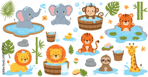 Cute jungle animals bathing and playing in water vector set featuring elephant lion tiger monkey giraffe sloth with bamboo leaves bubbles and tropical elements