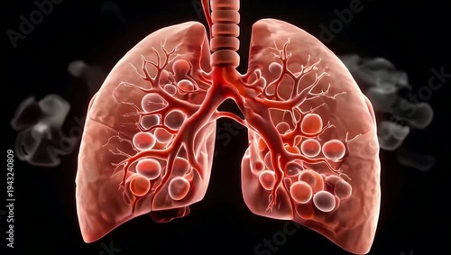 3D Rendering of Human Lungs with Bronchioles and Alveoli, Impacted by Smoke