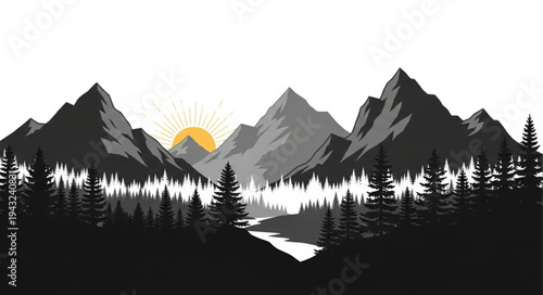 Majestic Mountain Range Sunrise Over Pine Forest Landscape.