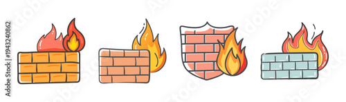 Network firewall security icons set, digital protection brick wall with fire symbols, cybersecurity shield and flame vector illustrations