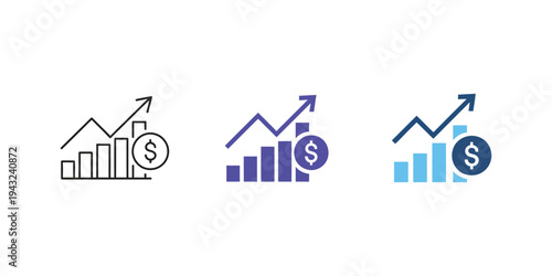 Outline icon set illustrating financial bar chart with dollar symbol and upward arrow, representing profit growth, investment success and economic progress.