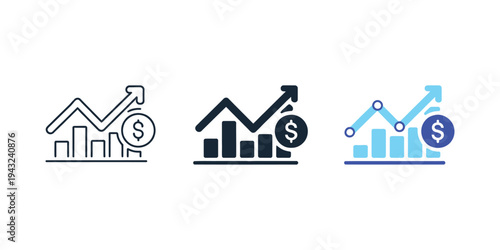 Outline icon set illustrating financial bar chart with dollar symbol and upward arrow, representing profit growth, investment success and economic progress.
