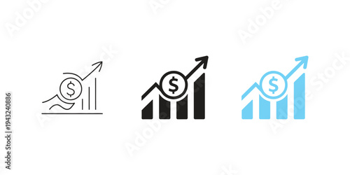 Outline icon set illustrating financial bar chart with dollar symbol and upward arrow, representing profit growth, investment success and economic progress.