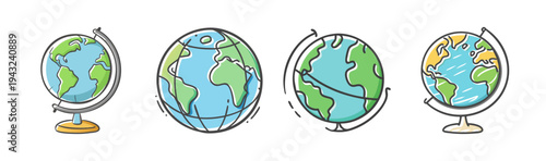 Collection of four hand-drawn globes on stands, representing earth and travel.