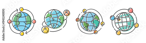Global connection icons showing the Earth with people and network connections