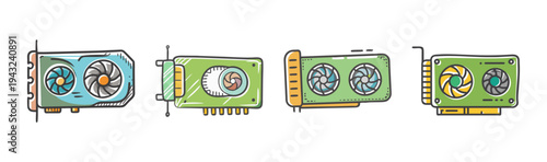 Collection of four hand-drawn graphics processing unit (GPU) icons for computers.