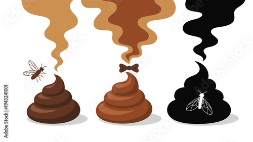 Three piles of brown and black cartoon poop with flies and wavy odor lines on a white background