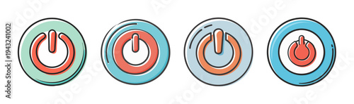Set of four stylized power buttons in pastel colors, vector icons for technology and energy.