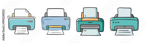 Set of four colorful cartoon printers printing documents, vector icons.