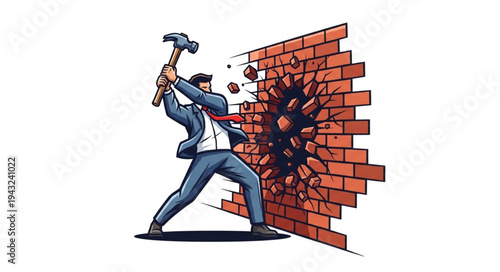 Man Breaking Brick Wall with Hammer.
