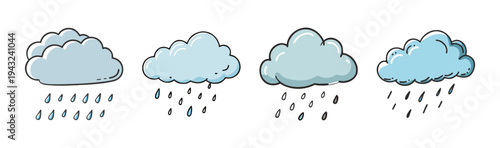 Hand drawn rain cloud icons depicting weather and precipitation for forecasts