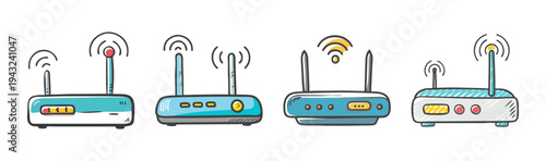 Four cartoon wireless routers with antennas emitting Wi-Fi signals for connectivity