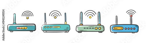 Set of four wireless internet routers with wifi signal icons, hand-drawn style.