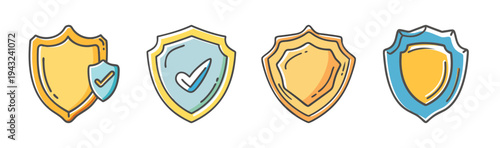 Collection of four doodle-style shields, symbolizing protection and security.