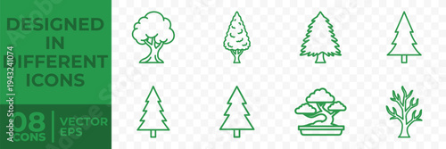 A flat vector graphic featuring 8 unique tree icons in green, designed for use in various applications.