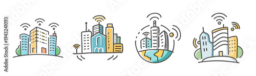 Collection of four hand-drawn smart city icons with wireless signals.