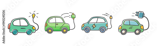 Cute electric cars charging with power plugs and light bulbs, eco-friendly transport.