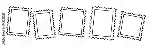 A row of five blank, outlined postage stamps with perforated edges, angled and spaced apart