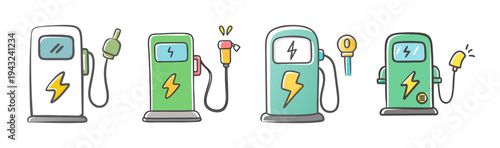 Electric vehicle charging station set, EV charger icons, green energy power supply SVG