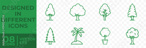 A flat vector graphic featuring 8 distinct tree icons, designed in a simple and minimalist style, ideal for use in various digital and print applications.