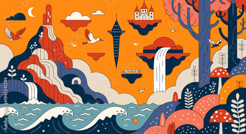 Illustrate breathtaking fantasy landscapes featuring magical mountains, enchanted forests, and mysterious skies. Incorporate elements like castles, waterfalls, and mythical creatures to evoke a sense 