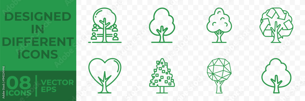 Fototapeta premium A set of eight unique tree icons designed in a flat vector style, showcasing various shapes and designs for use in graphic projects.
