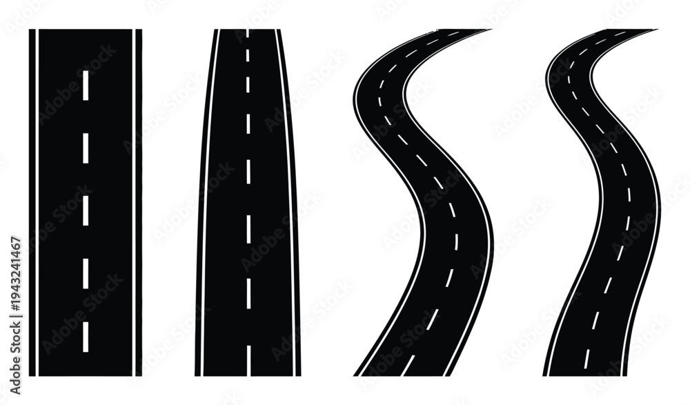 Fototapeta premium Four stylized road straight, tapered, and winding paths