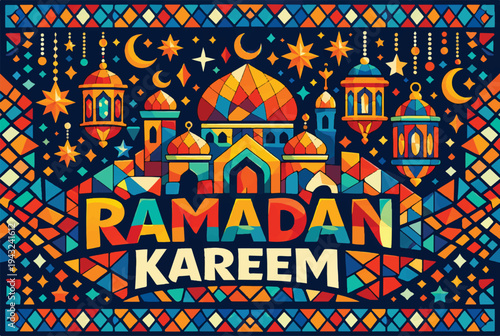 Vintage geometric seamless pattern with ethnic mosaic tiles featuring traditional floral ornaments and ancient city style textures in a colorful vector illustration