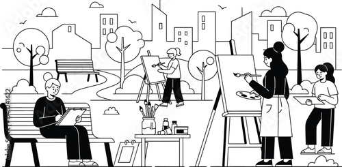 people in park with artist and city background