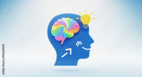 Creative Illustration of a Human Brain with Colorful Elements and Light Bulb.