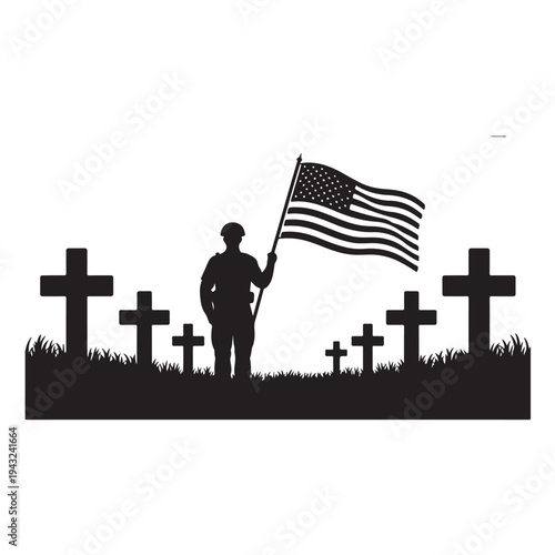 Black silhouette of soldier holding american flag in cemetery