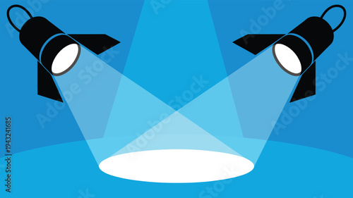 Two dark spotlights project converging white light beams onto a focused circular spot with a blue backdrop