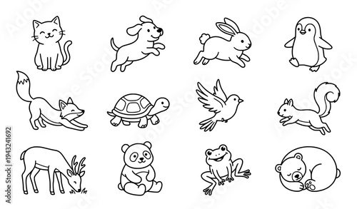 Cute Black and White Line Art Animals Vector Set for Kids Illustrations