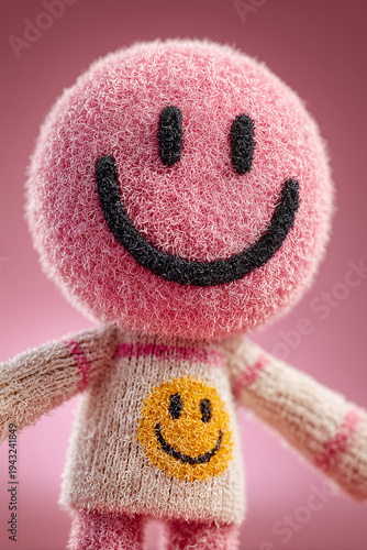 A pink soft puppet smiling. 