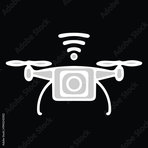 Black and grey silhouette icon of a drone with camera and Wi Fi signal . Minimalist drone icon with Wi-Fi signal, aerial photography, remote control, unmanned aircraft system vector .