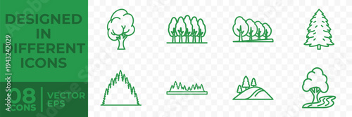 A set of 8 green line icons depicting trees and mountains in a flat vector style, perfect for eco-friendly designs.