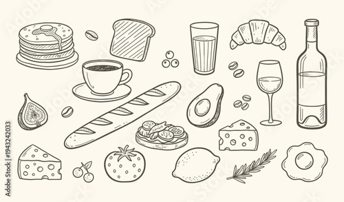 Hand drawn Italian food and culture clipart set in sketch doodle style. Perfect for quirky wedding holiday, dinner and bar menu, bachelorette party, birthday invitation