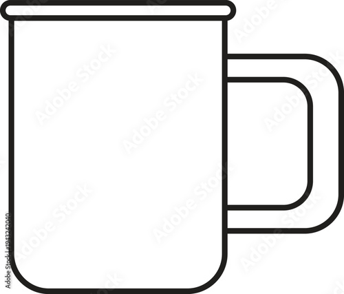 Simple black and white outline vector illustration of a blank enamel camping mug with a handle, perfect for graphic design elements, icons, or customizable branding.