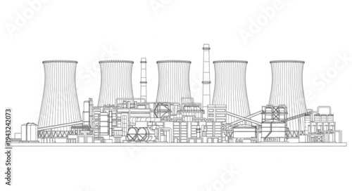 Industrial Power Plant Cooling Towers Sketch.