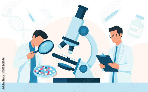 Two male scientists in lab coats conduct medical research using a microscope and examining pills