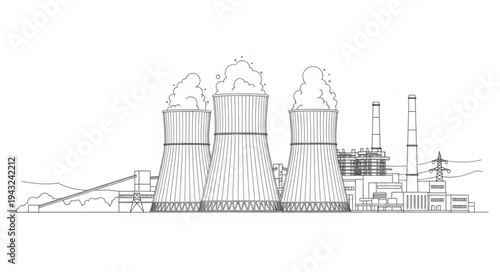 Industrial Power Plant Cooling Towers Sketch.
