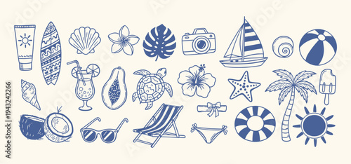 Collection of blue and white hand drawn summer beach vacation icons and elements. Sea vacation collection for invitation to beach party, picnic, wedding or save the date