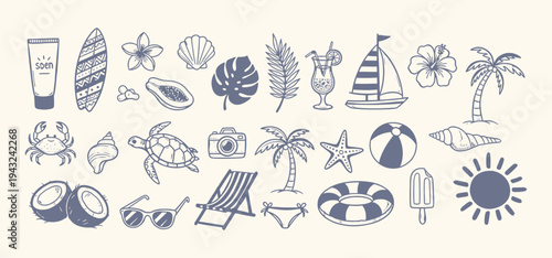 Collection of blue and white hand drawn summer beach vacation icons and elements. Sea vacation collection for invitation to beach party, picnic, wedding or save the date