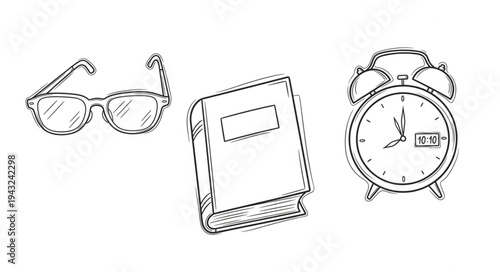 Set of Classic Items Including Sunglasses Notebook and Alarm Clock.