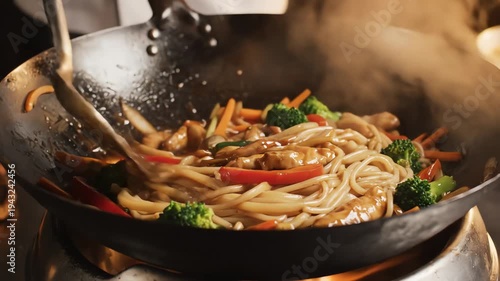 Noodles and vegetables cooking in wok pan preparation food concept
